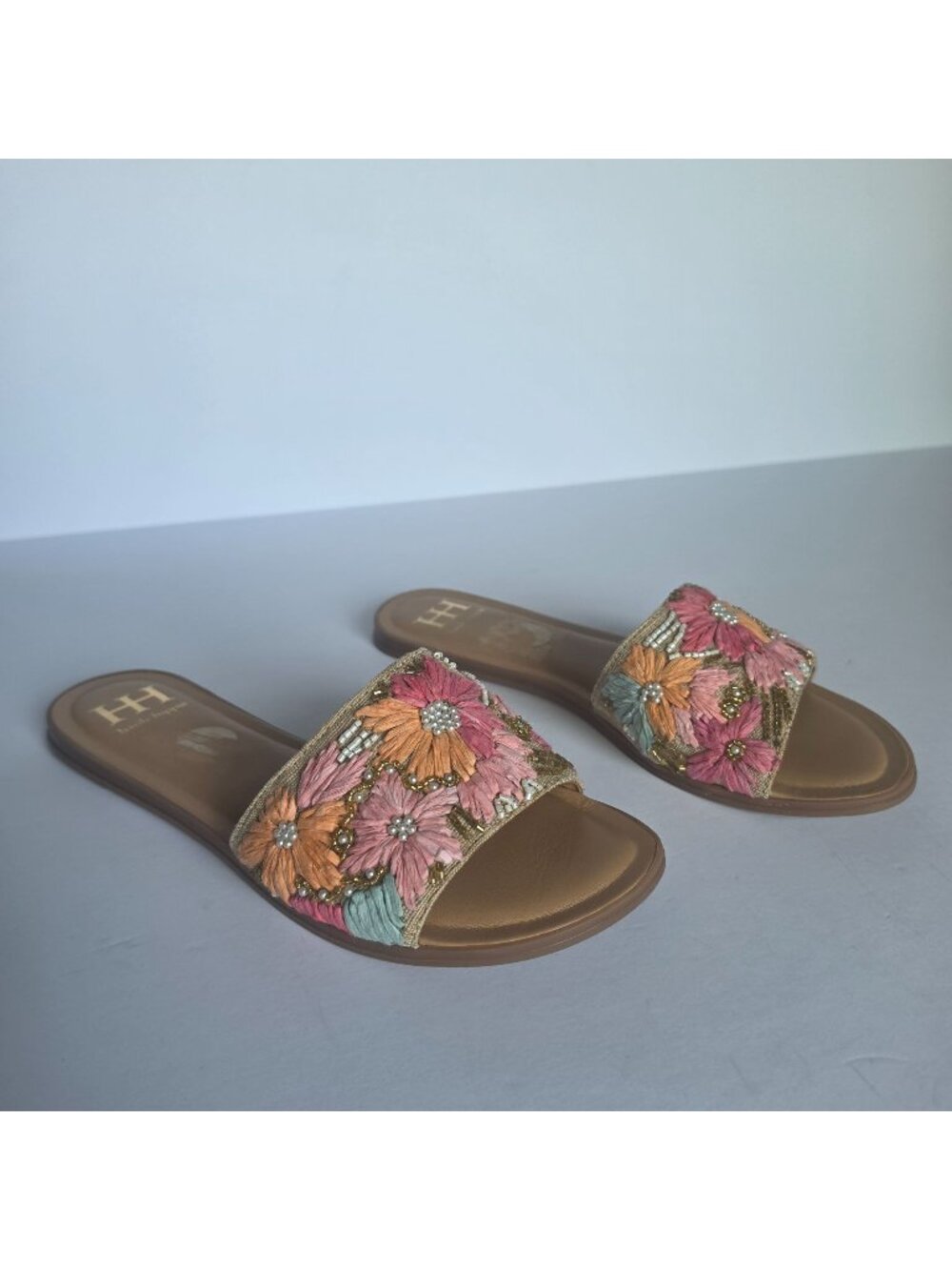 Haute Hippie Womens 8 Floral Embellished Beaded Slide Sandal Boho Raffia Flowers